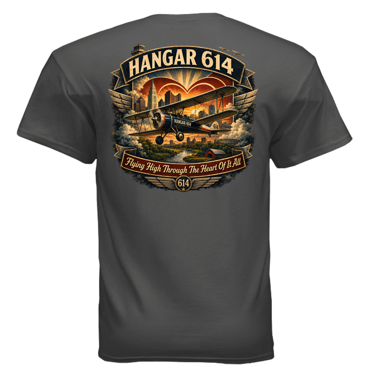 Back of charcoal Flying High T-shirt with biplane and Columbus skyline artwork