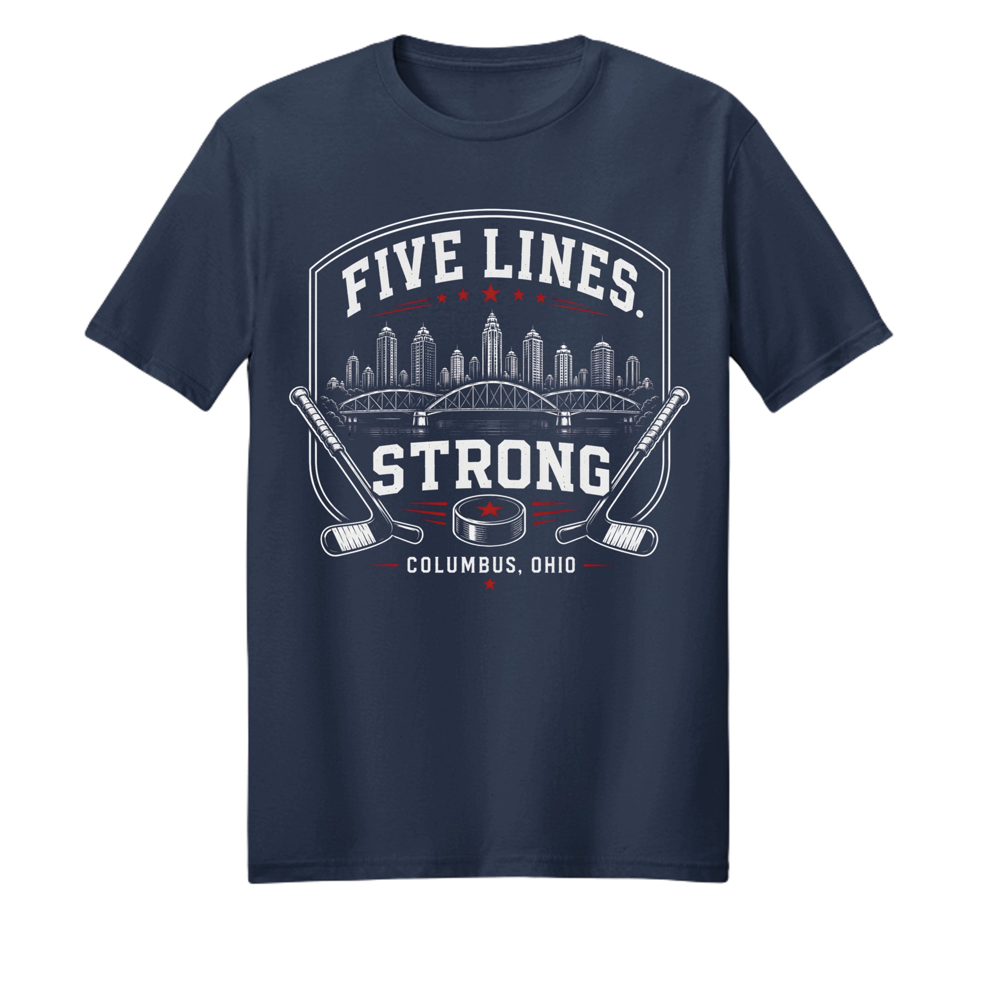 Five Lines Strong union-blue Columbus hockey T-shirt