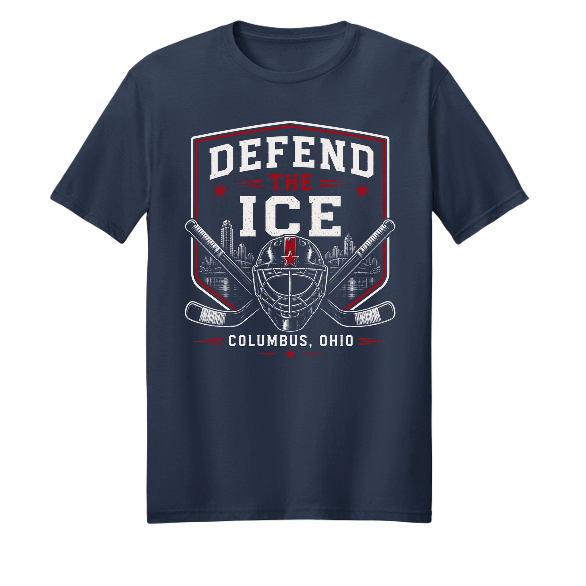 Defend the Ice goalie mask and Columbus skyline hockey T-shirt