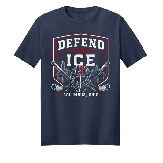 Defend the Ice goalie mask and Columbus skyline hockey T-shirt