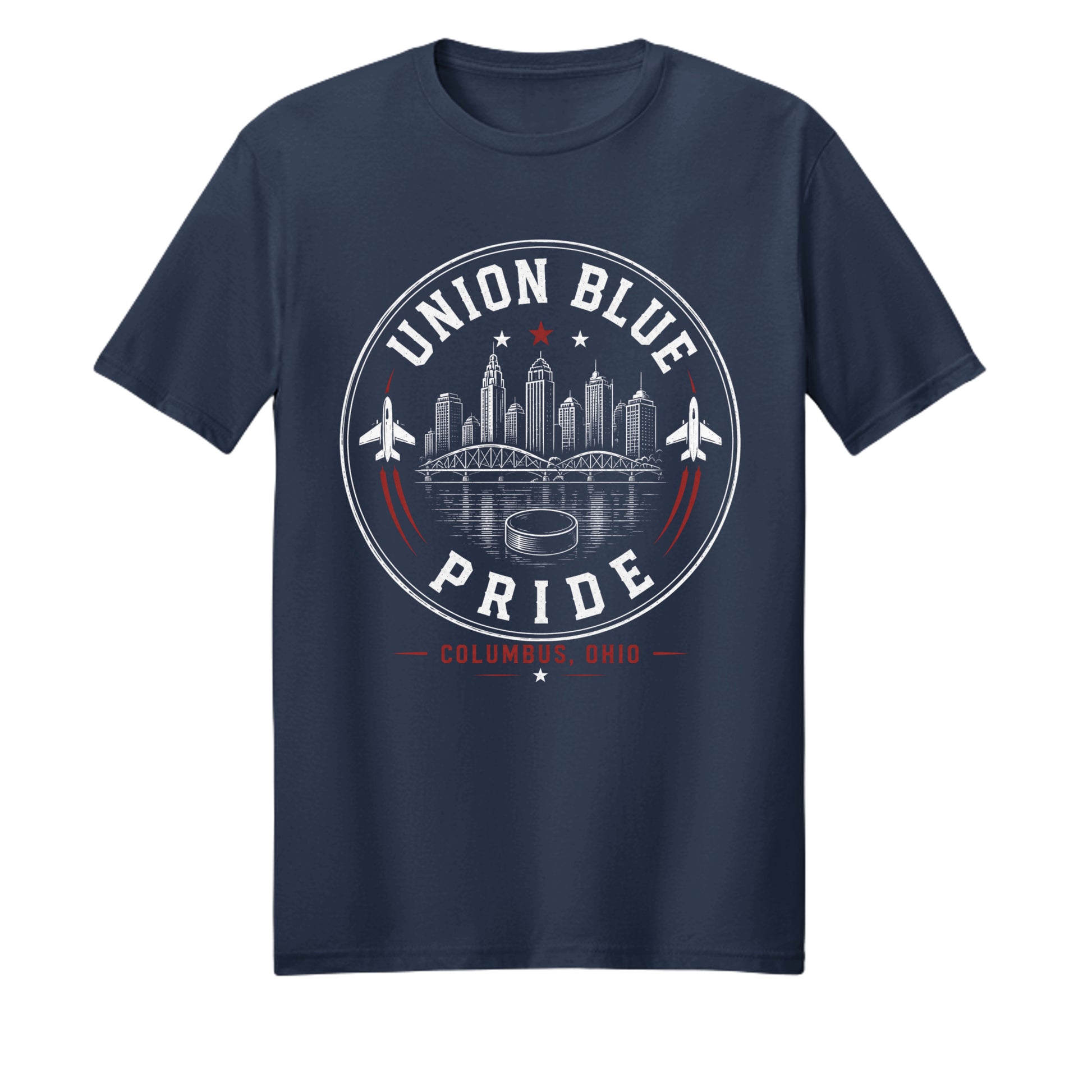 Union Blue Pride Columbus skyline and aviation hockey T-shirt