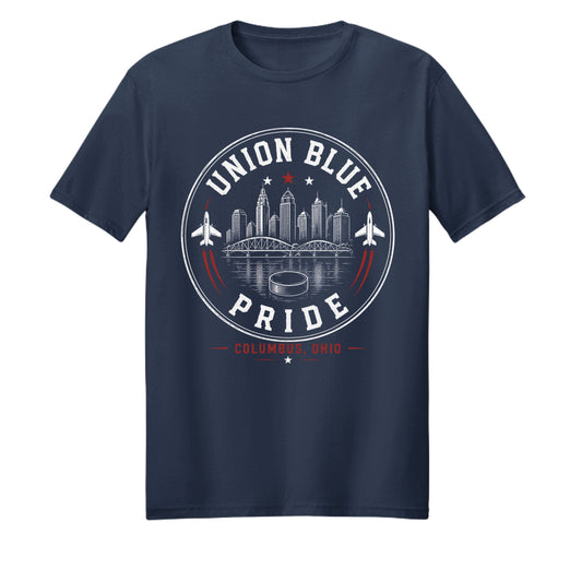 Union Blue Pride Columbus skyline and aviation hockey T-shirt