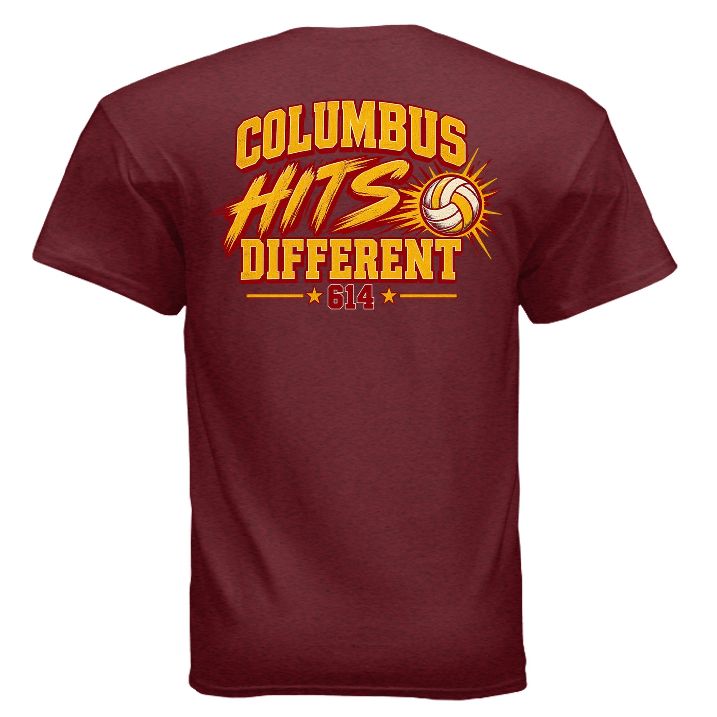 Columbus Hits Different red volleyball T-shirt with gold 614 volleyball graphic
