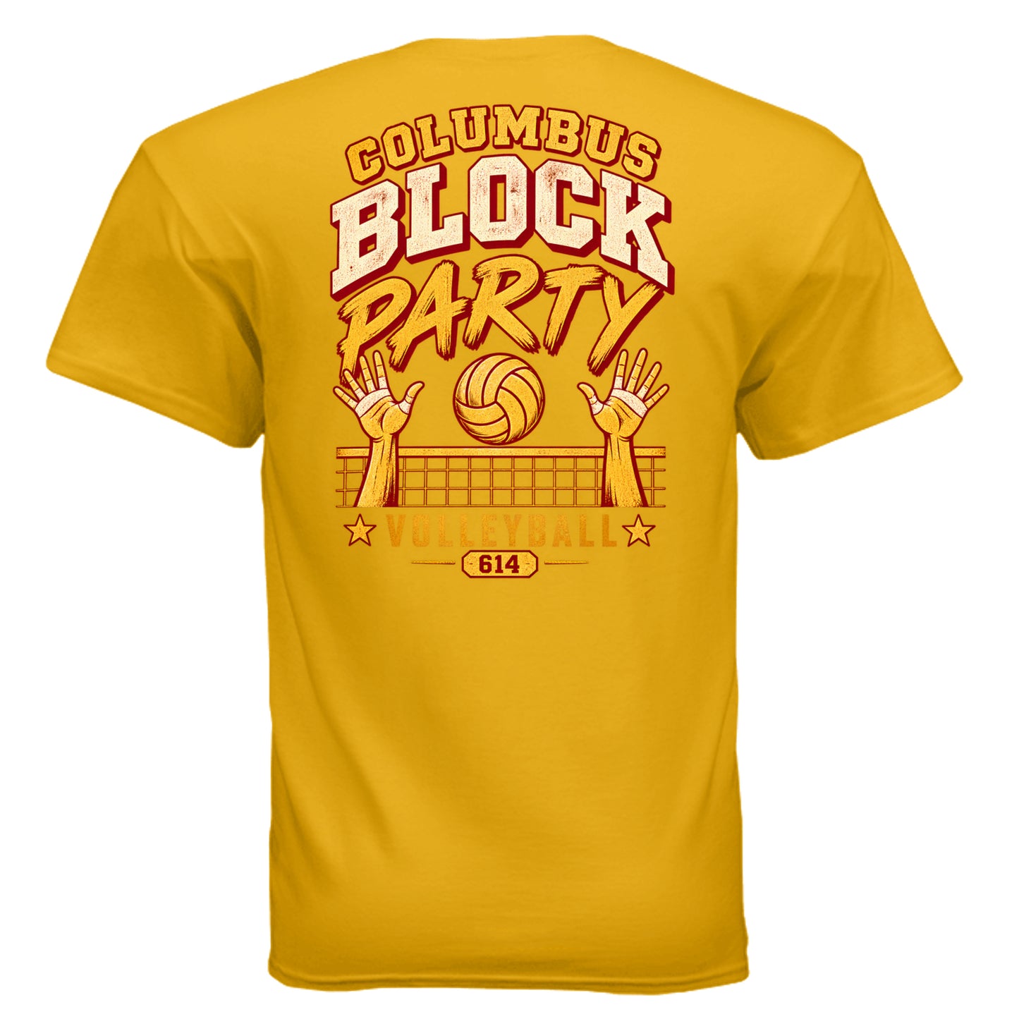 Columbus Block Party volleyball shirt with blocking hands, volleyball net and 614 graphic