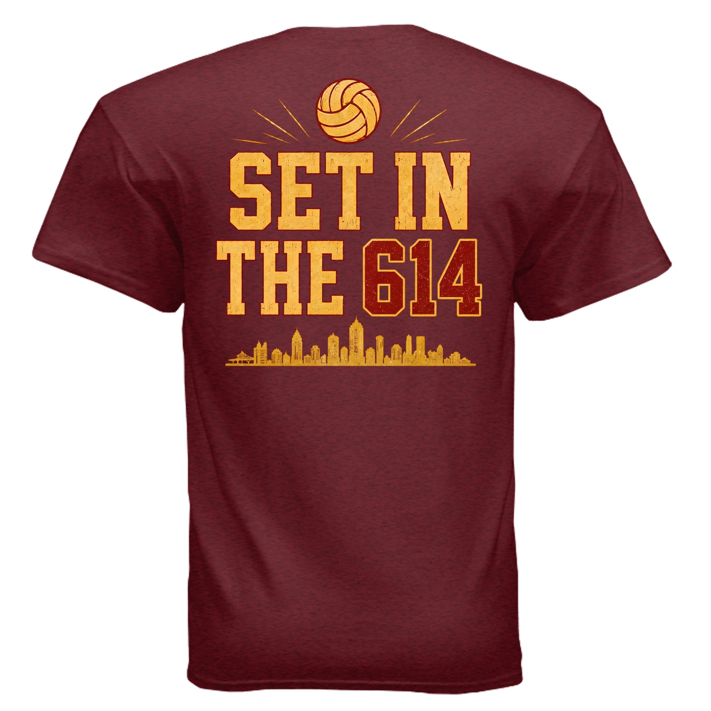 Set in the 614 Columbus volleyball shirt with gold volleyball and Columbus skyline graphic