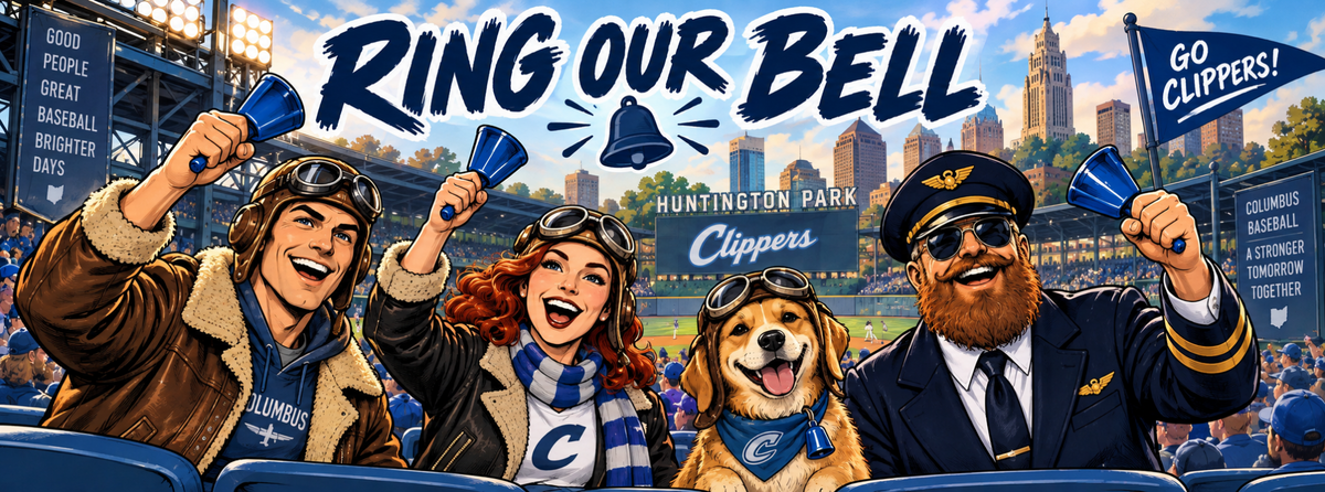 Hangar 614 Ring Our Bell Columbus Clippers banner at Huntington Park with Captain Craig, the Aviator, Amelia, and Pilot Dog